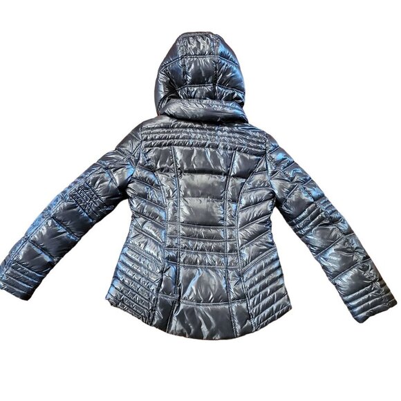 Laundry by Shelli Segal Petrol Silver Gray Hooded Bib Puffer Coat Jacket M - Picture 6 of 16